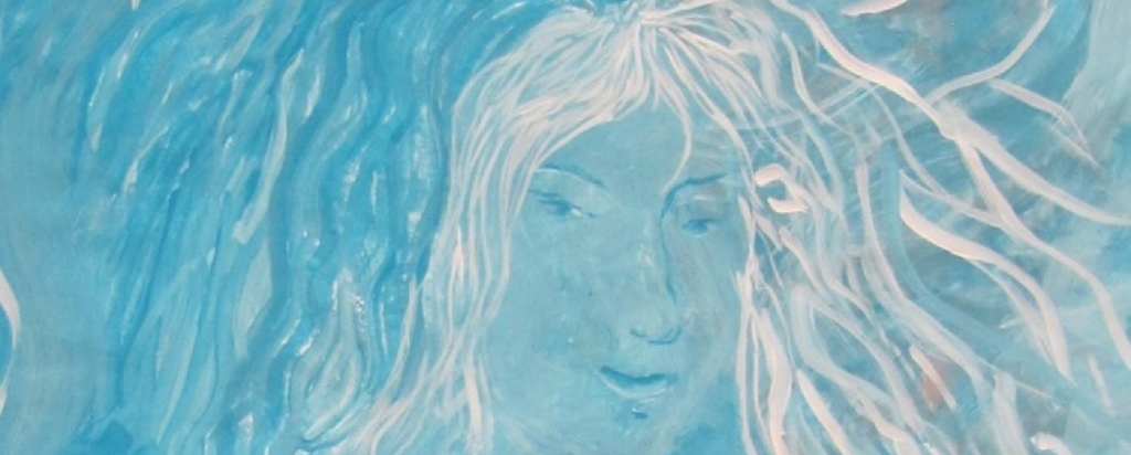 Von Hand gezeichnetes Bild eines Gesichts mit weissen Haaren auf einem blauen Hintergrund.